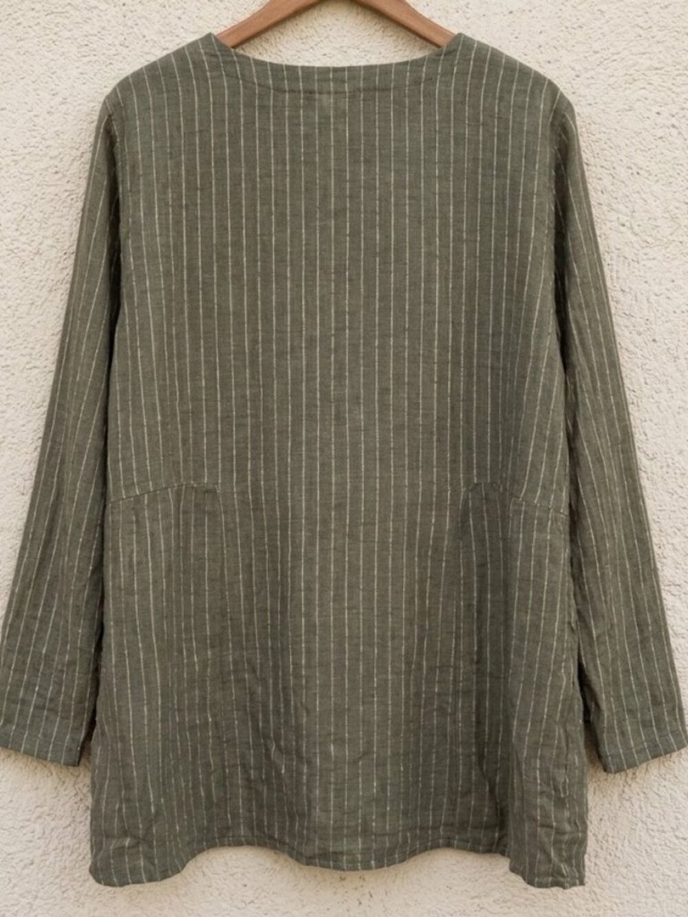 Pure J.Jill XL 100% Linen Tunic Top Shirt Blouse Striped Big Pockets Green White - Picture 2 of 3